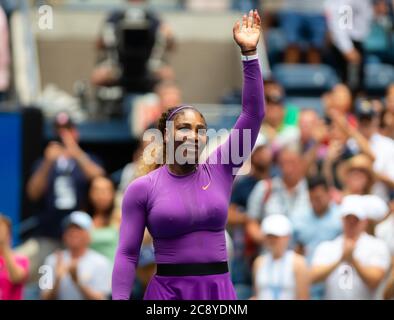 Serena Williams of the United States celebrates winning her fourth-round match at the 2019 US Open Grand Slam tennis tournament Stock Photo