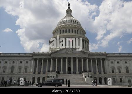 Washington, United States. 27th July, 2020. A hearse carrying the casket of Congressman John Lewis, D-Ga., arrives outside the U.S. Capitol prior to lying in state in Washington, DC, on Monday, July 27, 2020. Photo by Leah Millis/UPI Credit: UPI/Alamy Live News Stock Photo