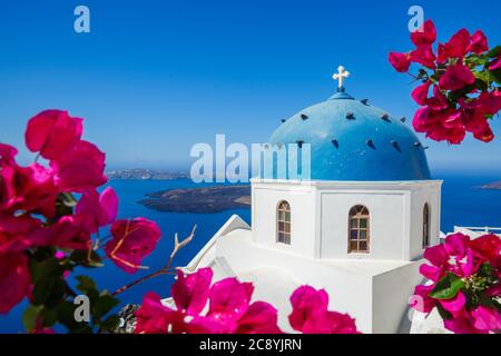 Church of the island of Santorini on the beach surrounded by blooming bougainvillea Stock Photo