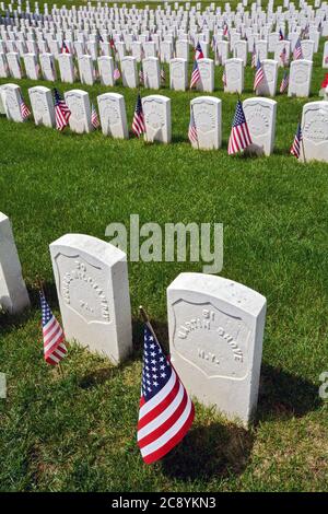 American flags on tombstones on Memorial Day at Cyprus Hills National Cemetery in Brooklyn, New York Stock Photo