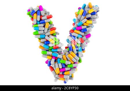 Letter V from colored capsules. 3D rendering isolated on white background Stock Photo