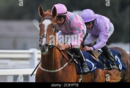 Urban Artist ridden by Tom Marquand wins the Sky Sports Racing HD Virgin 535 Fillies’ Novice Median Auction Stakes at Royal Windsor Racecourse. Stock Photo