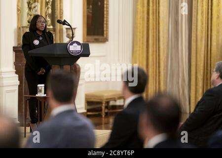 Charron Powell, mother of 4 year-old LeGend Taliferro, delivers remarks during the event 'Operation Legend: Combatting Violent Crime in American Cities' Wednesday, July 22, 2020, in the East Room of the White House. LeGend was shot and killed in June 2020 after being struck by gunfire as he slept in his bed in Kansas City, Mo People: Charron Powel Credit: Storms Media Group/Alamy Live News Stock Photo
