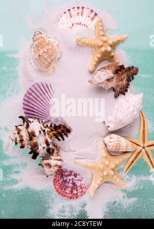 Border of Starfishes and seashells on dune sand and aquamarine color background. Top view marine Vacation backdrop. Stock Photo