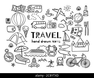 Hand drawn travel icons. Summer vacation doodles isolated on white background. Vector illustration. Stock Vector