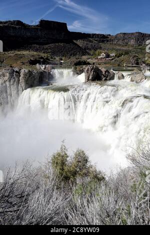 Shoshone Falls in Twin Falls, Idaho is created where the snake river crashes over ancient basalt flows.  The powerful water has been harnessed to crea Stock Photo