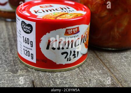 Viersen, Germany - July 9. 2020:  Closeup of isolated can with traditional korean fermented vegetables kimchi Stock Photo