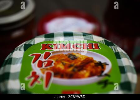 Viersen, Germany - July 9. 2020:  Closeup of isolated can with traditional korean fermented vegetables kimchi Stock Photo