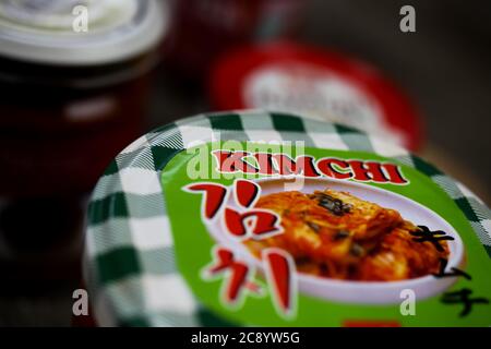Viersen, Germany - July 9. 2020:  Closeup of isolated can with traditional korean fermented vegetables kimchi Stock Photo