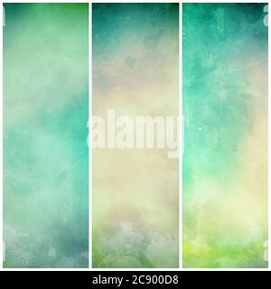 abstract green background banners or striped designs in soft mottled white and beige watercolor grunge texture stains and blue green colors Stock Photo