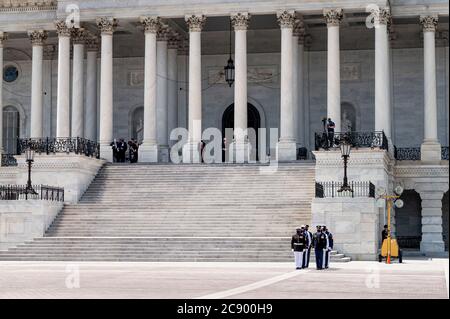 Washington, DC, USA. 27th July, 2020. July 27, 2020 - Washington, DC, United States: The military honor guard in front of the Capitol prior to the arrival of the casket of John Lewis at the U.S. Capitol. Credit: Michael Brochstein/ZUMA Wire/Alamy Live News Stock Photo