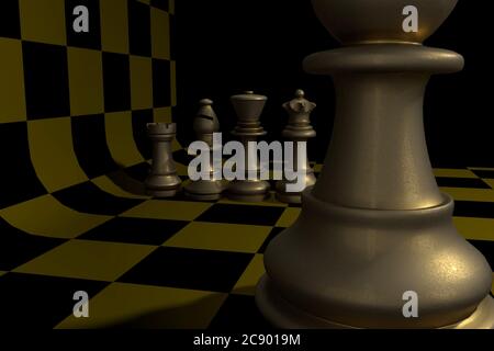 3D illustration of Chess pieces: king, Queen, rook, Bishop, pawn in the foreground made of old metal, on a black and yellow curving chessboard. Stock Photo