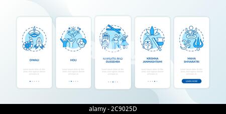 Top Hindu festivals onboarding mobile app page screen with concepts. Holi and Diwali. Navratri. Walkthrough 5 steps graphic instructions. UI vector te Stock Vector