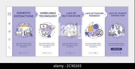 Distance learning disadvantages onboarding vector template. Lack of student interaction. Responsive mobile website with icons. Webpage walkthrough ste Stock Vector