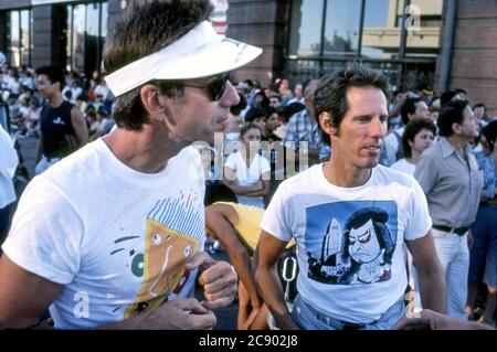 Members of  The Doors, Ray Manzarek and John Densmore working on the video for the song L.A. Woman, shooting an Asian Festival in downtown Los Angeles, CA Stock Photo