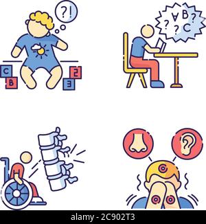 Chronic disease RGB color icons set. Developmental delay. Child with disability. Difficulty with reading from dyslexia. Damaged spine. Sensory hyperse Stock Vector