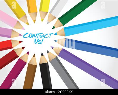 Contact us message around a set of different color pencils. background Stock Vector