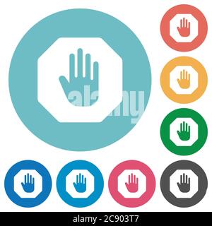 Stop sign flat white icons on round color background. Stock Vector
