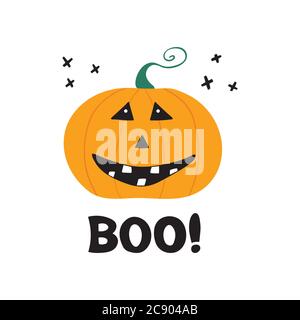Cute smiling pumpkin character with boo lettering. Halloween greeting card. Isolated on white background. Vector stock illustration. Stock Vector