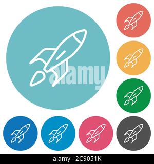 Launched rocket flat white icons on round color background. Stock Vector
