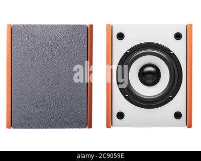 Acoustic column of gray color with finishing under a tree on a white background, the white loudspeaker with a black subweight and a black dome. The is Stock Photo