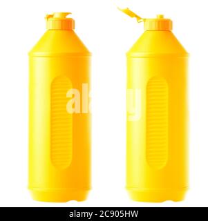 Yellow plastic bottle of detergent for ware isolated on a white background with the opened and closed stopper, nobody. Stock Photo