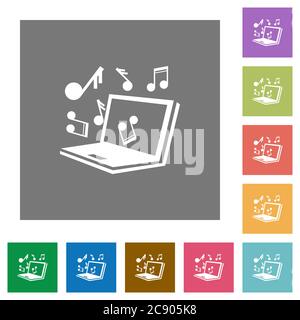 Laptop music flat icons on simple color square background. Stock Vector