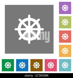 Steering wheel flat icons on simple color square background. Stock Vector
