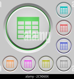 Spreadsheet table color icons on sunk push buttons Stock Vector