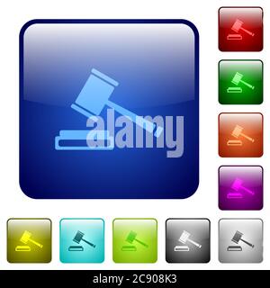 Auction hammer color glass rounded square button set Stock Vector