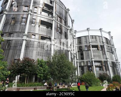 View looking up at the exclusive flats at Gasholder Park in Kings Cross London Stock Photo