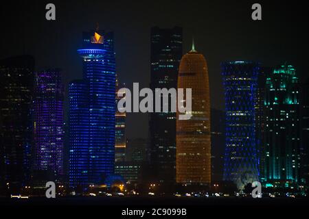 Doha skyline by night, Qatar Stock Photo