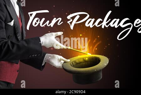 Magician is showing magic trick with Tour Packages inscription, traveling concept Stock Photo