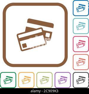 Credit cards simple icons in color rounded square frames on white background Stock Vector