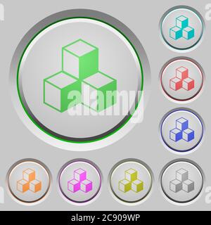 Cubes color icons on sunk push buttons Stock Vector