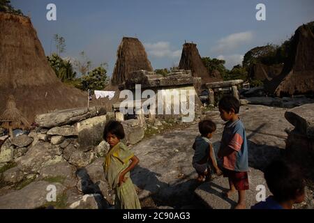 A group of children playing near megalithic tombs in traditional village of Praijing in Tebara, Waikabubak, West Sumba, East Nusa Tenggara, Indonesia. Stock Photo
