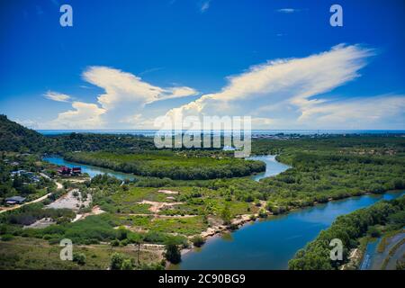 This unique photo shows the beautiful landscape of Pak Nam Pran in Thailand. It's the gorgeous tropical landscape to see the river and the boats on it Stock Photo