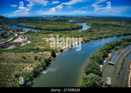 This unique photo shows the beautiful landscape of Pak Nam Pran in Thailand. It's the gorgeous tropical landscape to see the river and the boats on it Stock Photo