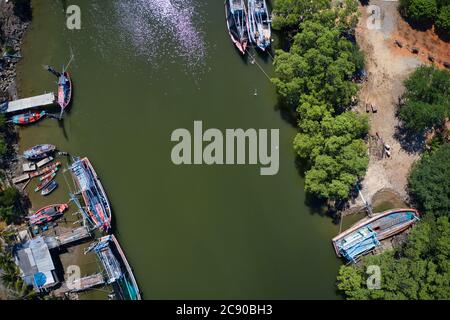 This unique photo shows the beautiful landscape of Pak Nam Pran in Thailand. It's the gorgeous tropical landscape to see the river and the boats on it Stock Photo