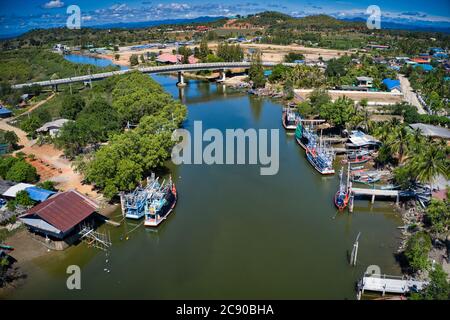 This unique photo shows the beautiful landscape of Pak Nam Pran in Thailand. It's the gorgeous tropical landscape to see the river and the boats on it Stock Photo