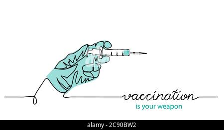 About vaccination health concept. Simple vector web banner, illustration, background with syringe and hand in medical glove. One continuous line Stock Vector
