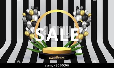Metallic golden stage with air balloons, round platform and realistic frame minimal background, 3d scene for product presentation or mockup. Sale prom Stock Vector