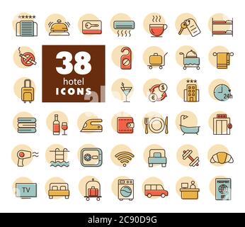 Hotel vector flat icon set. Graph symbol for travel and tourism web site and apps design, logo, app, UI Stock Vector