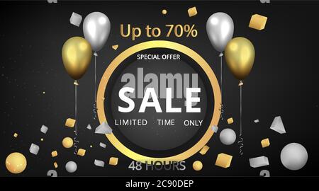 Metallic golden stage with air balloons, round platform and realistic frame minimal background, 3d scene for product presentation or mockup. Sale prom Stock Vector
