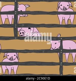 Pigs in pen, looking through boards on brown background, seamless repeat vector pattern surface design Stock Vector