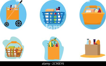 Set of grocery bags icons. Shopping carts and shopping baskets - Vector Stock Vector