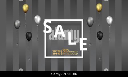Metallic golden stage with air balloons, round platform and realistic frame minimal background, 3d scene for product presentation or mockup. Sale prom Stock Vector