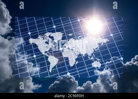 World map on solar panel Stock Photo