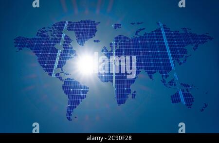 World map with solar panel grid against sun Stock Photo