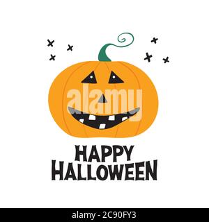 Cute smiling pumpkin character with Happy Halloween lettering and doodle black cross elements. Holiday greeting card. Isolated on white background Stock Vector